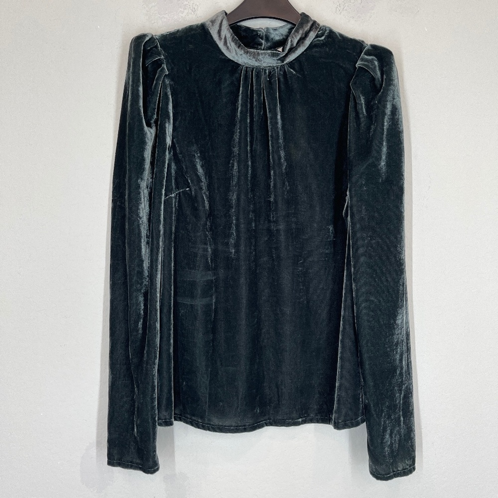 Boden Velvet High-Neck Long-Sleeve Top in Deep Green